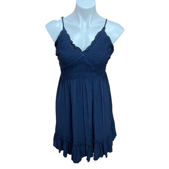 Short Halter Dress with‎ Smocked Middle and Tie Back by Wishlist - Navy Small - Picture 3 of 15